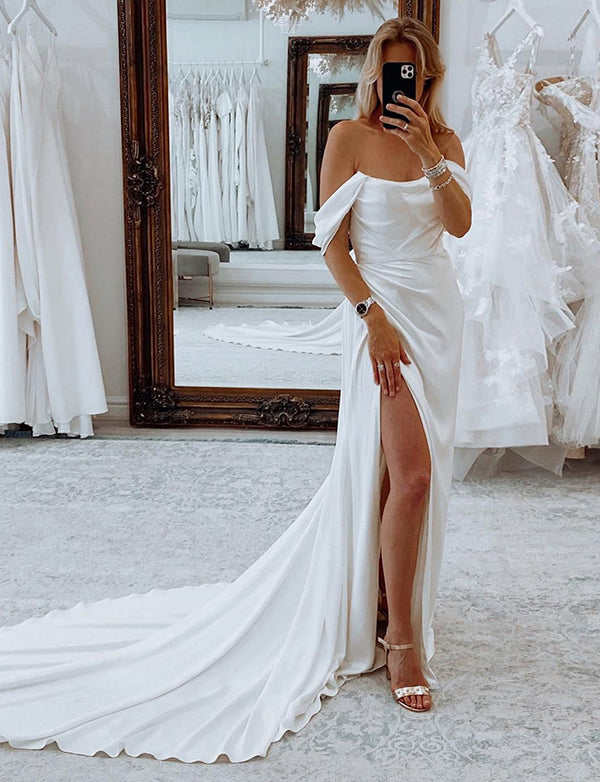 Dressself Robe de mariée blanche, longue et simple, avec fente, de