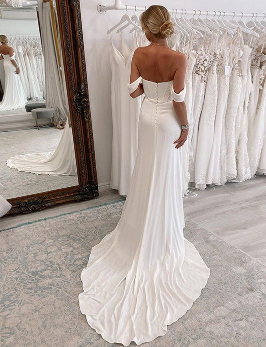 Robe de mariée blanche, longue et simple, avec fente, de style sirène boho