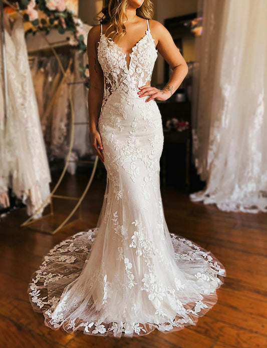Ivoire Robe de mariée de plain-pied en fourreau sirène avec appliques magnifiques