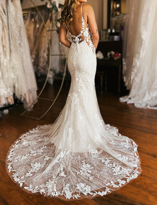 Ivoire Robe de mariée de plain-pied en fourreau sirène avec appliques magnifiques