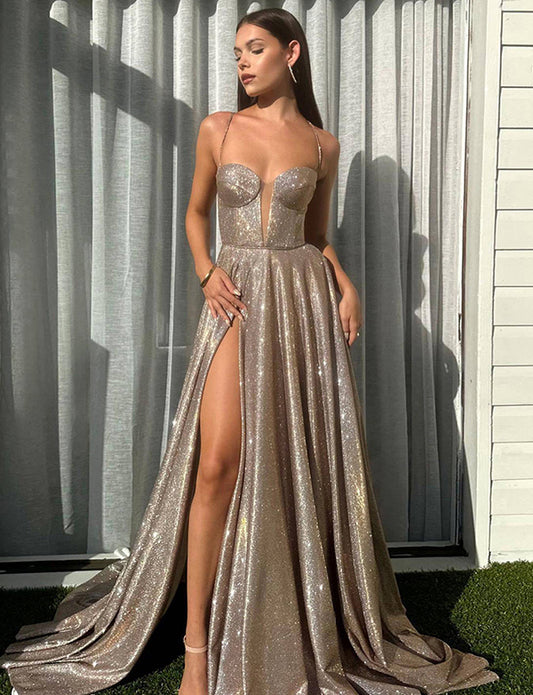Robe longue de soirée avec bretelles en spaghetti et paillettes de champagne