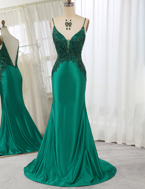 Robe longue de bal de fin d'année en sirène vert foncé avec fente