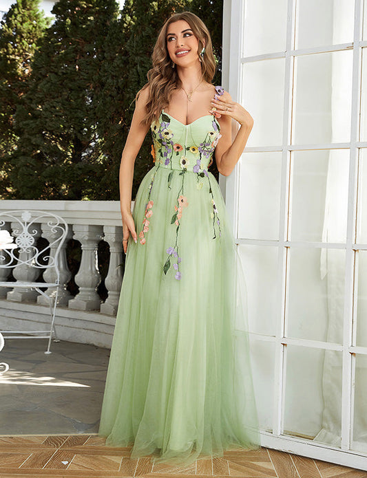 Une ligne Vert bretelles spaghetti robe de bal avec des fleurs 3D