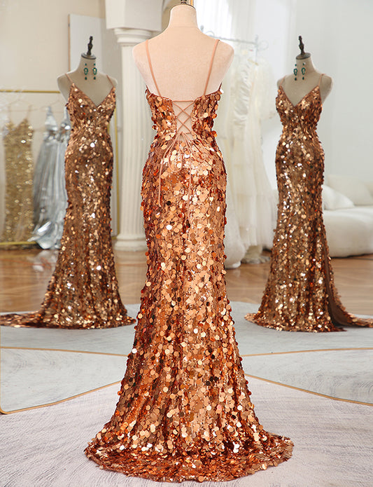 Robe longue de bal de fin d'année en or rose avec paillettes et soie
