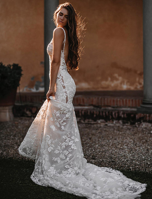 Robe de mariée boho sirène dos nu avec encolure en V