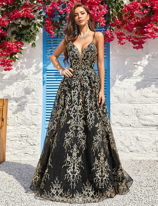 Robe De Bal Longue Noire à Bretelles Spaghetti Dorées