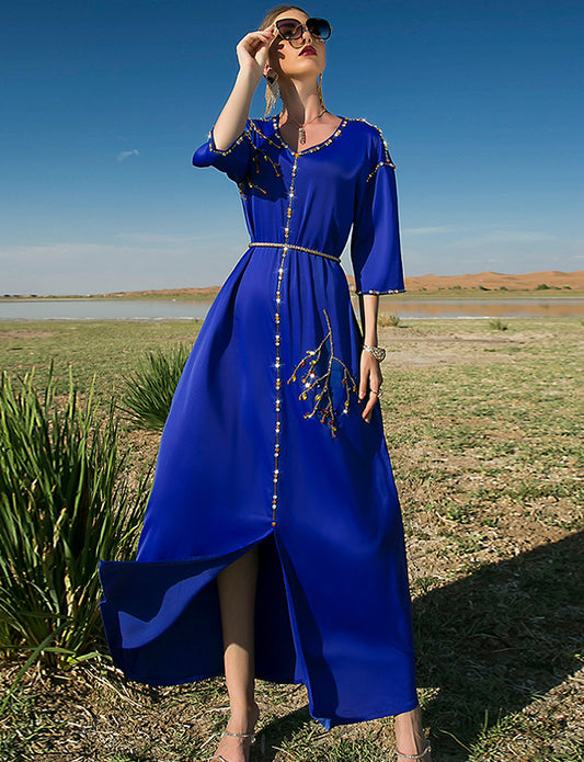 Robe Longue en Satin Bleu Royal à Manches Mi-longues