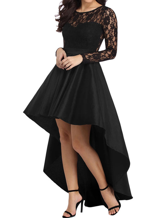 Robe de Soirée Asymétrique en Dentelle et Satin à Manches Longues