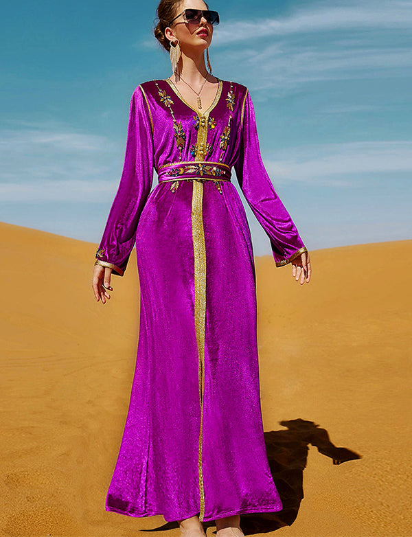 Dresssself Caftan en Velours Fuchsia à Strass Robe Eid Mubarak