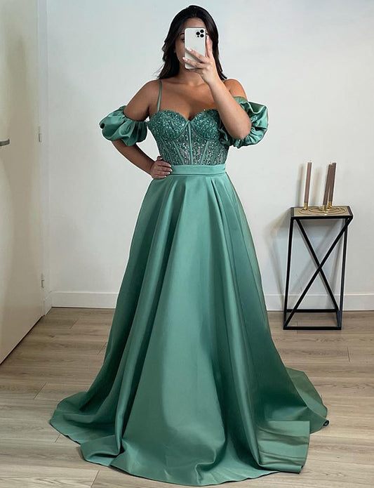 Robe de Soirée Vert en Cœur avec Manches Amovibles