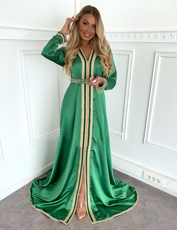 Dressself Caftan Marocain Vert Satiné Simple Robe Marocaine Orientale