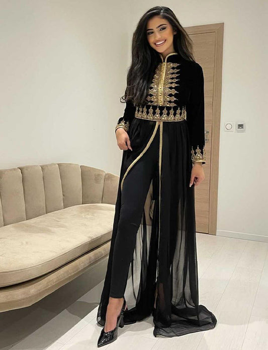 Caftan Marocain Noir Col Haut(Pantalon Non Inclus)