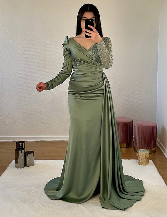 Robe de Soirée Élégante en Satin à Manches Longues