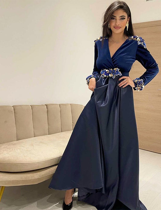 Caftan Marocain en Velours et Satin Bleu Marine