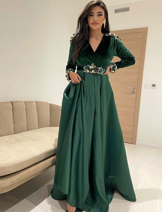 Caftan Marocain en Velours et Satin Vert