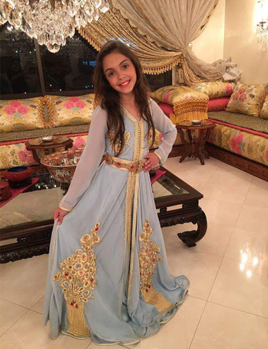 Bleu en Mousseline Caftan Petite Fille