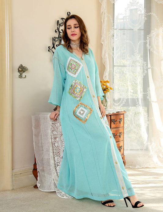 Paillettes Bleu clair Long Marocain Caftan