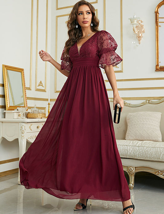 Robe de soirée à manches courtes en mousseline de soie à col en V profond