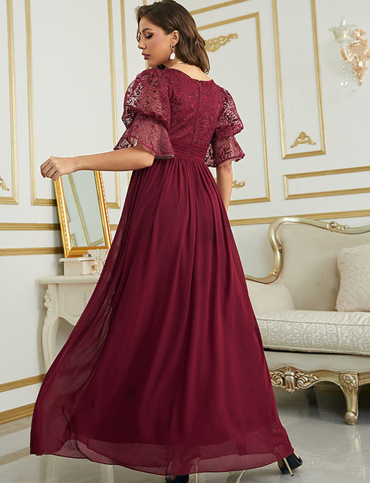 Robe de soirée à manches courtes en mousseline de soie à col en V profond