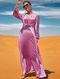 Robe abaya rose à manches longues avec col en V et strass