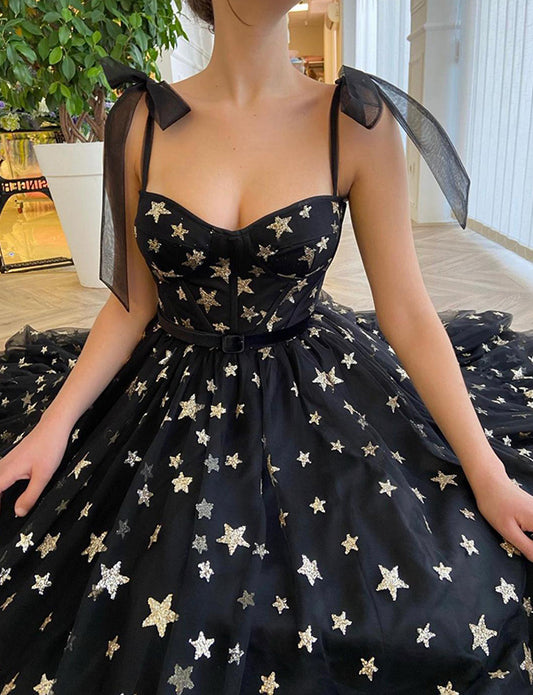 Robe de Bal Longue Noir en Tulle avec Étoiles