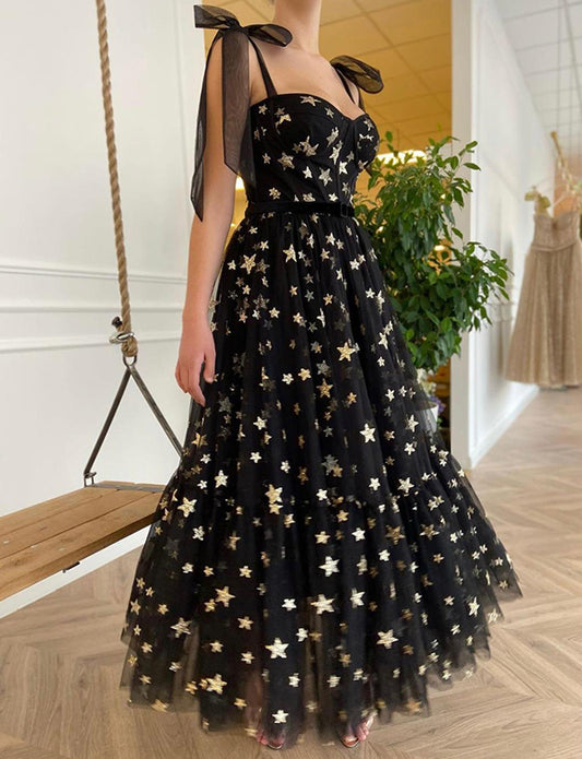 Robe de Bal Longue Noir en Tulle avec Étoiles