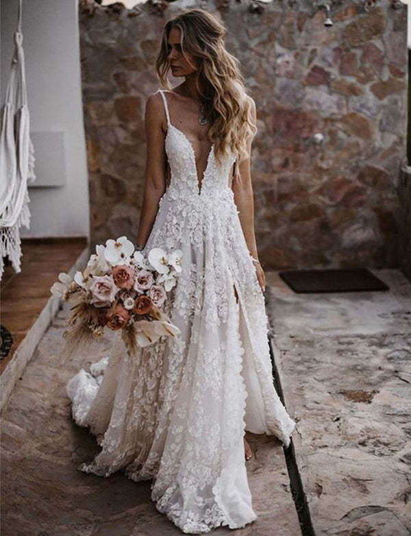 Robe de Mariée Bohème de Plage en Dentelle avec Fente