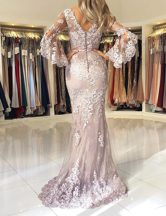 Robe de Soirée à Manches Longues en Dentelle Sirène