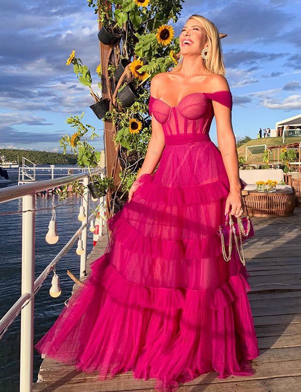 Robe de Soirée Longue en Tulle Ligne A