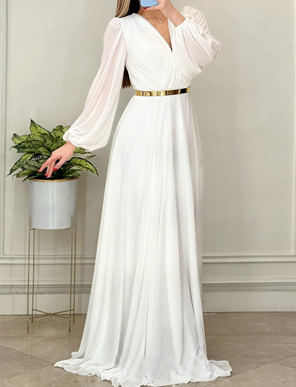 Robe de Soirée Blanc à Manches Longues et Col en V Robe de Soirée Blanc à Manches Longues et Col en V