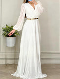 Robe de Soirée Blanc à Manches Longues et Col en V Robe de Soirée Blanc à Manches Longues et Col en V
