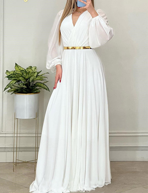 Robe de Soirée Blanc à Manches Longues et Col en V Robe de Soirée Blanc à Manches Longues et Col en V