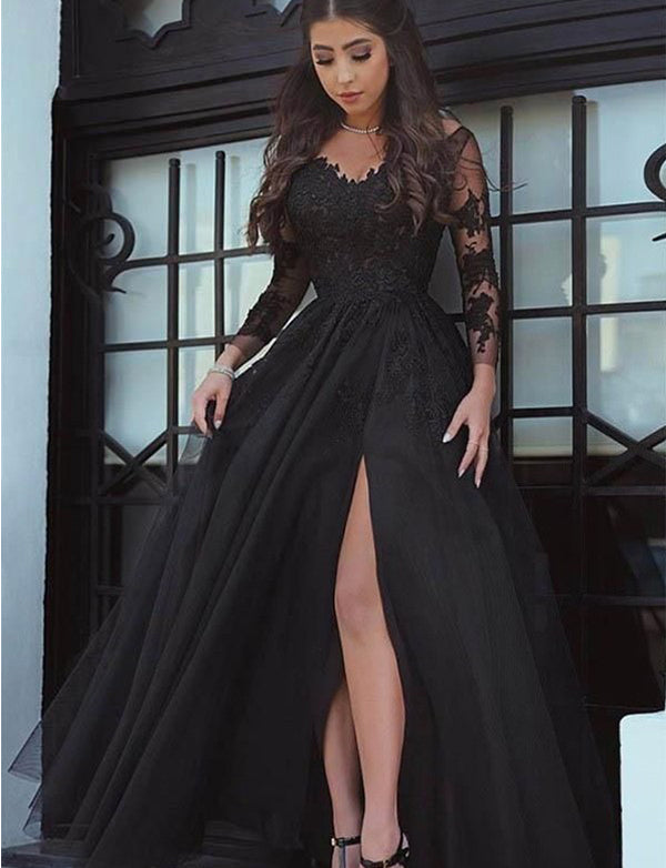 Robe de Soirée Manches longues Dentelle Appliqués Robe de Soirée Manches longues Dentelle Appliqués