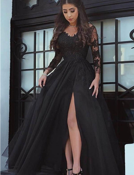 Robe de Soirée Manches longues Dentelle Appliqués