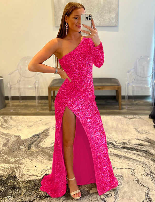 Robe de Soirée Rose à Paillette à Une Épaule