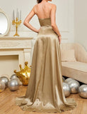 Robe de Soirée en Satin Champagne avec Fente Robe de Soirée en Satin Champagne avec Fente