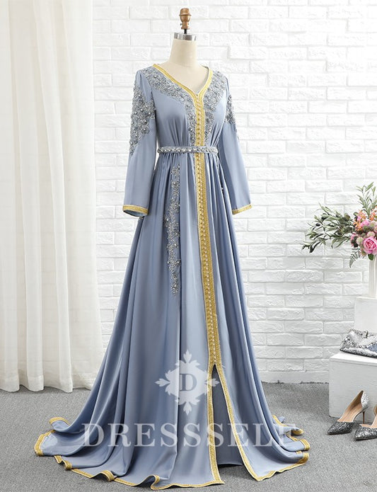 Caftan Marocain Brodé Bleu