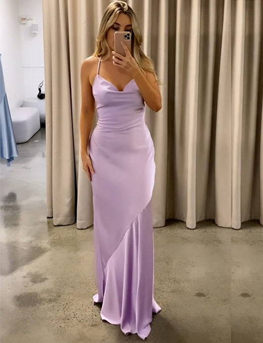 Robe de Soirée Satin Lavande avec Cravate Réglable au Dos