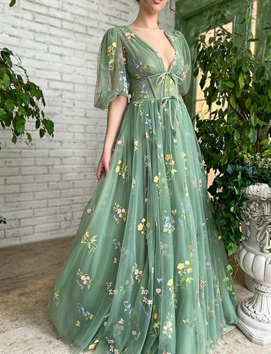 Robe de Soirée Vert en Tulle à Fleurs