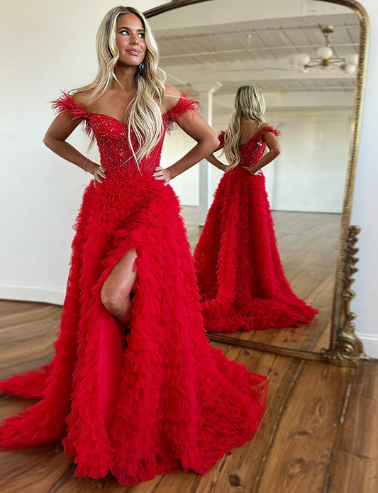 Robe de bal de fin d'année princesse rouge à épaules dénudées