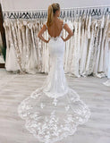 Robe de mariée blanche sirène à col en V profond et longue avec dentelle