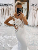 Robe de mariée blanche sirène à col en V profond et longue avec dentelle