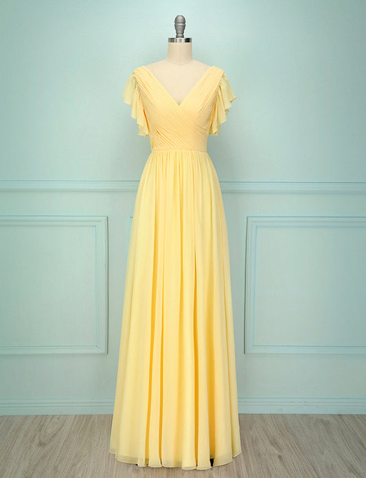 Robe longue de demoiselle d'honneur à col en V, jaune