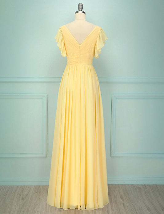 Robe longue de demoiselle d'honneur à col en V, jaune