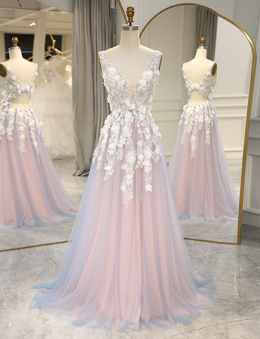 Robe de bal de fin d'année rose avec applications