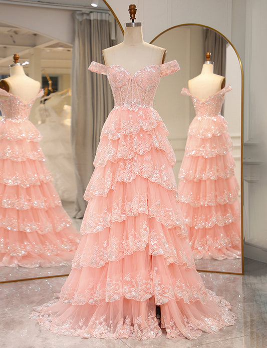 Robe longue de bal de fin d'année rose avec applications