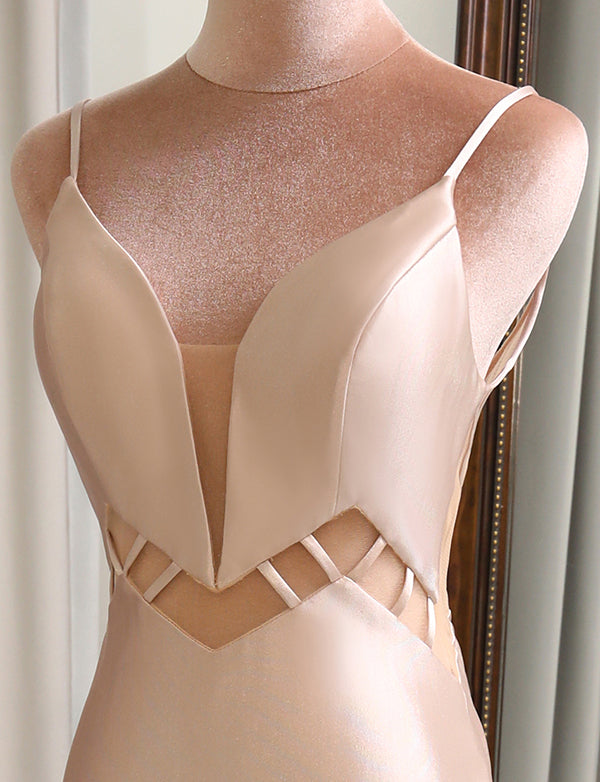 Robe de bal de fin d'année simple en satin champagne à bretelles spaghetti et longue sirène