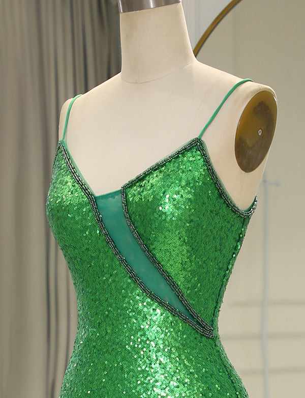Robe de bal de fin d'année à bretelles spaghetti vertes pailletées
