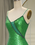 Robe de bal de fin d'année à bretelles spaghetti vertes pailletées