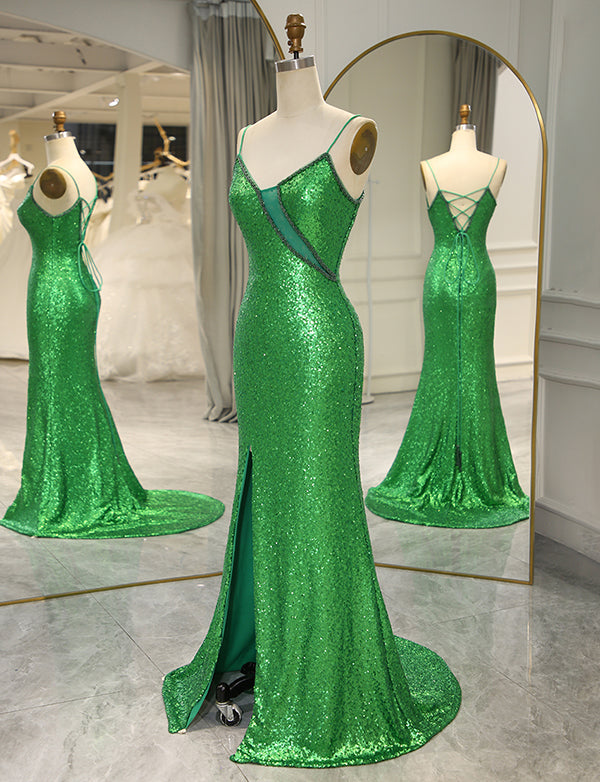 Robe de bal de fin d'année à bretelles spaghetti vertes pailletées